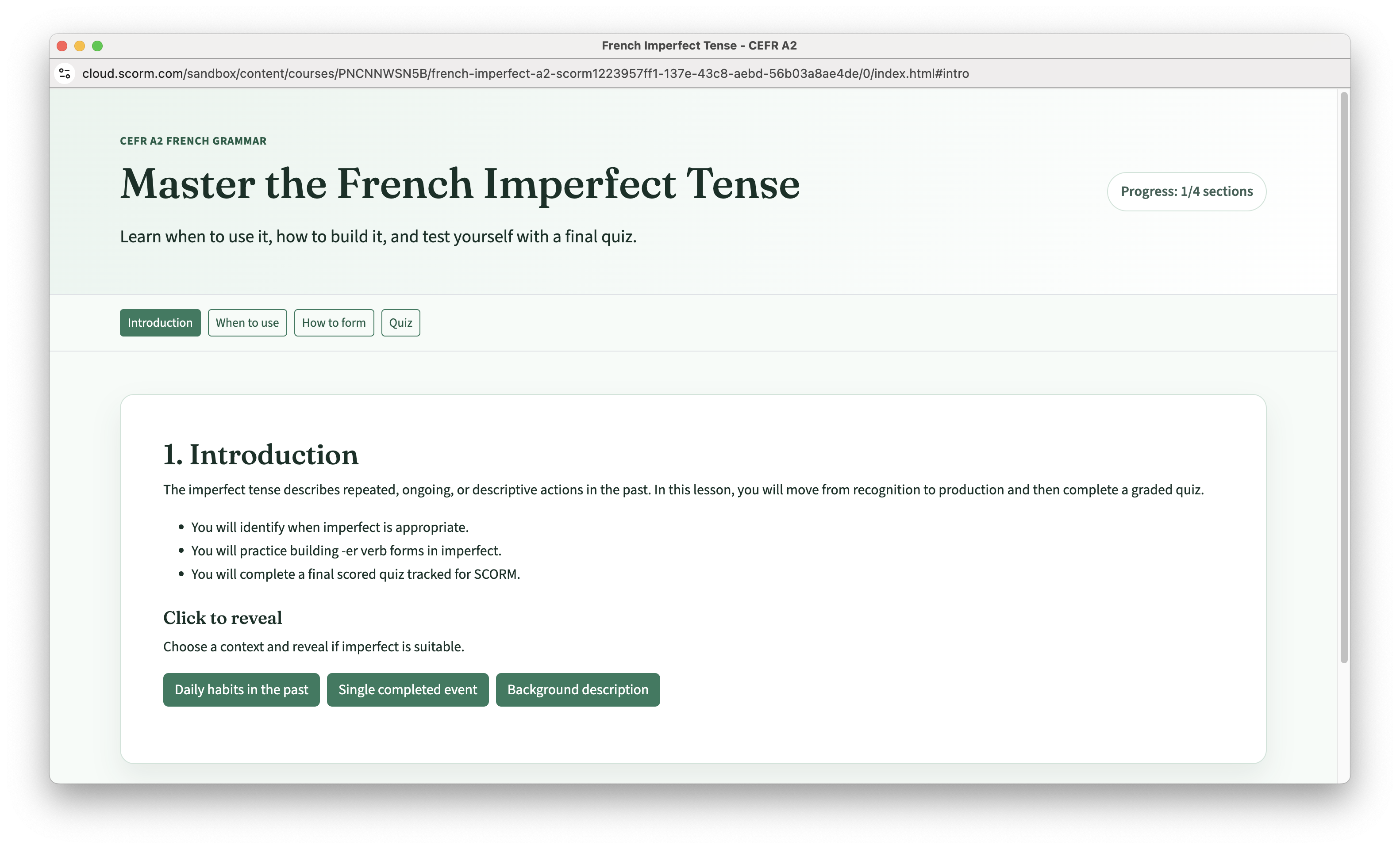 SCORM package to teach people the imperfect tense in French