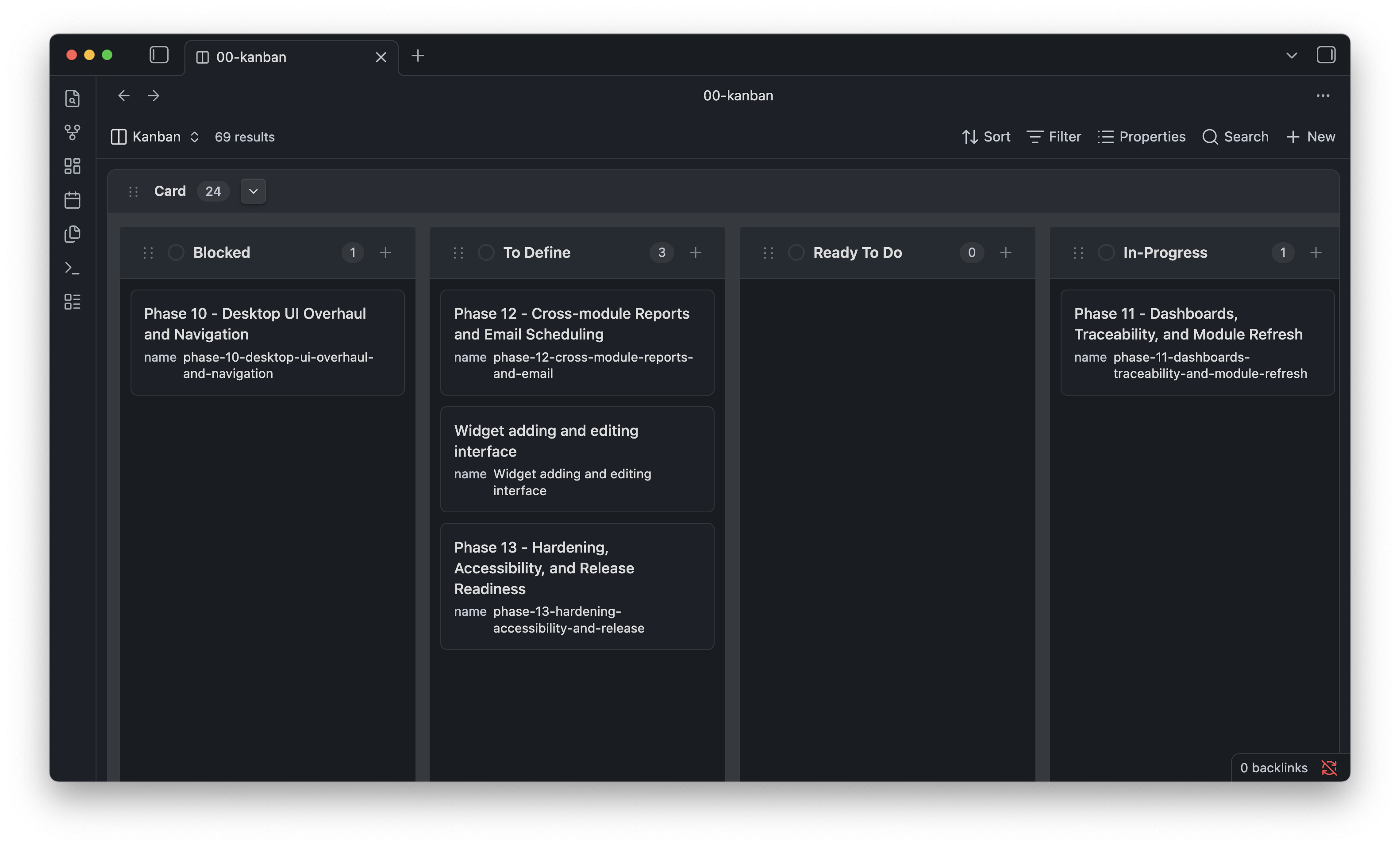 A Kanban chart managed within Obsidian